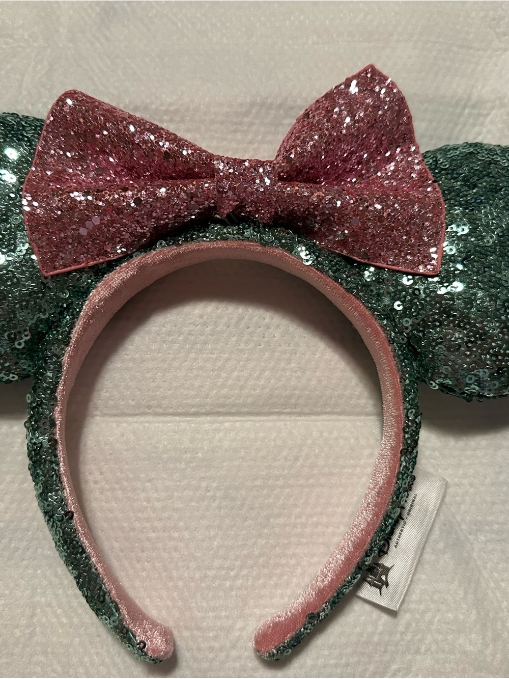 Disney Green Sequin Ear Headband with Pink Glitter Bow